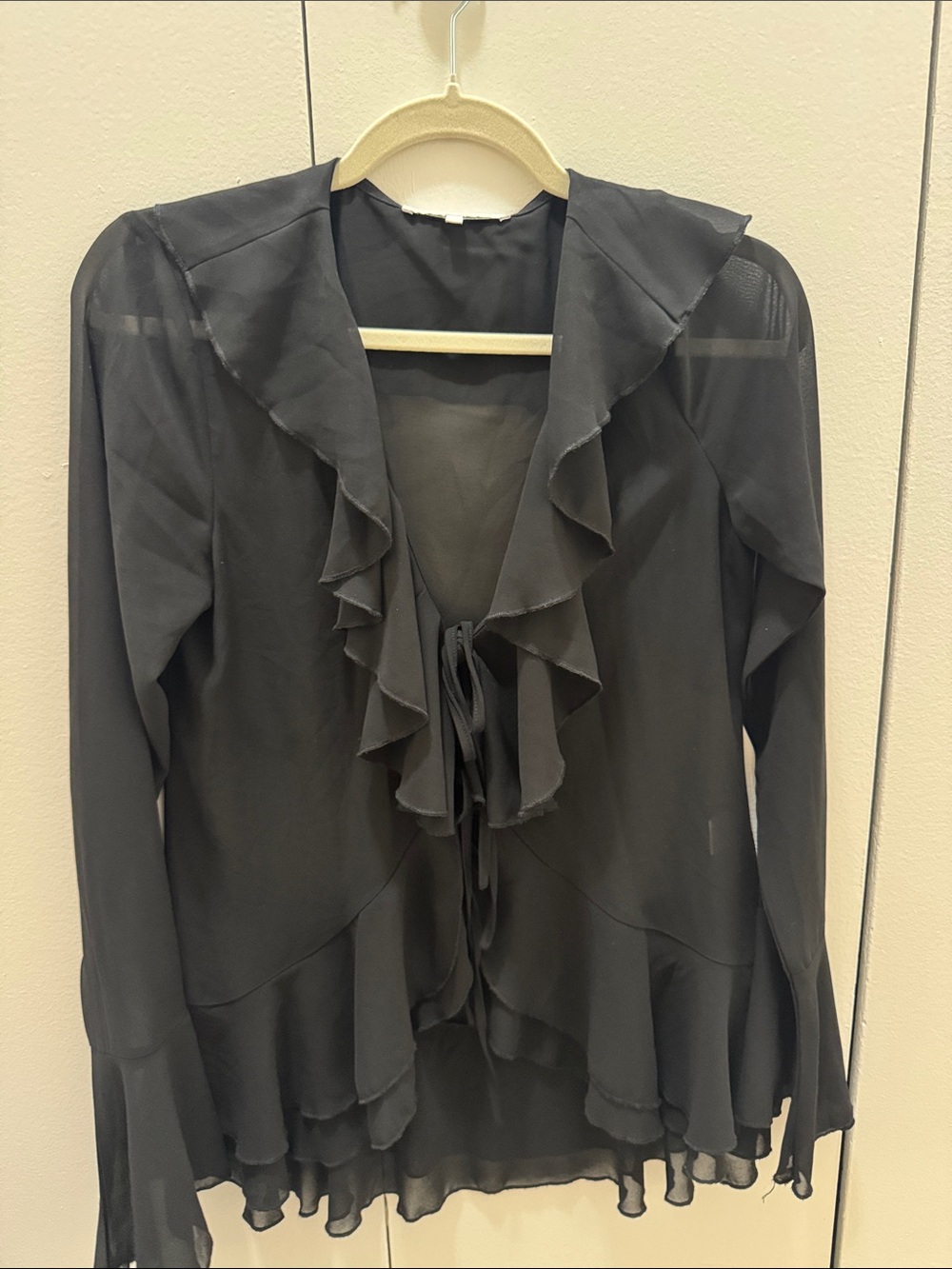 Black Ruffle Tie-Neck Sheer Blouse